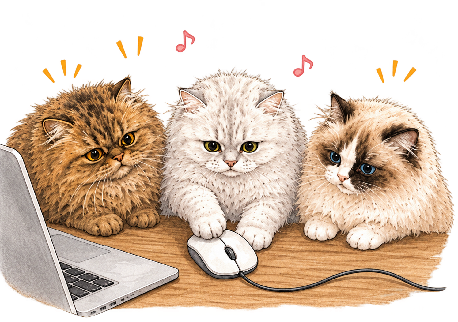 パソコンとマウスの前に集まるNOREAHの３匹の猫